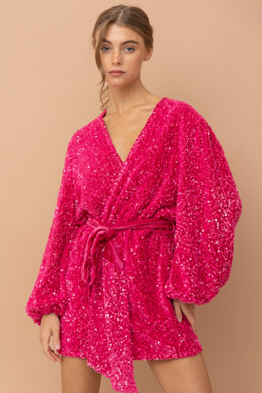 Glam Sequin Velvet Puff Sleeve Wrap Tie Dress - Hot Pink Wood + Wave Glam Sequin Velvet Puff Sleeve Wrap Tie Dress - Hot Pink Wood + Wave