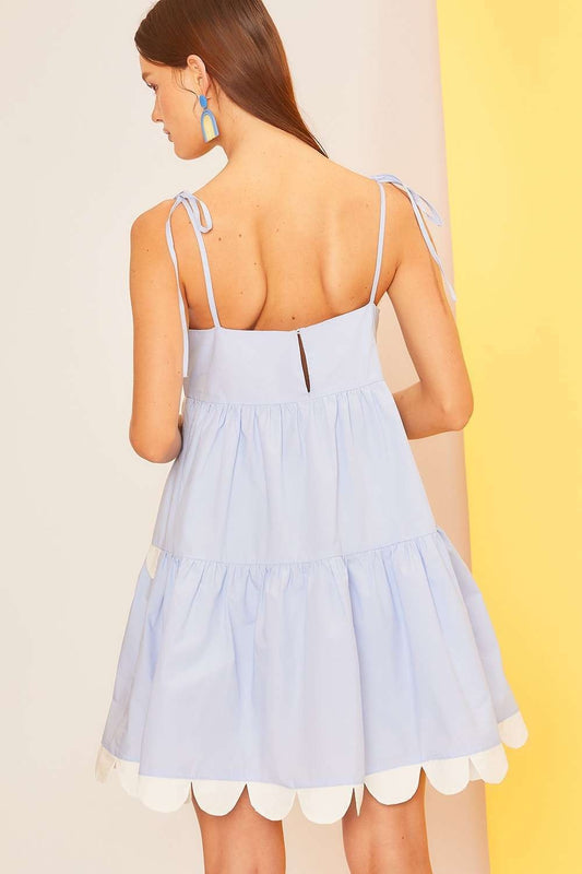 Purple Blue Tie Shoulder Strap Scallop Edge Dress