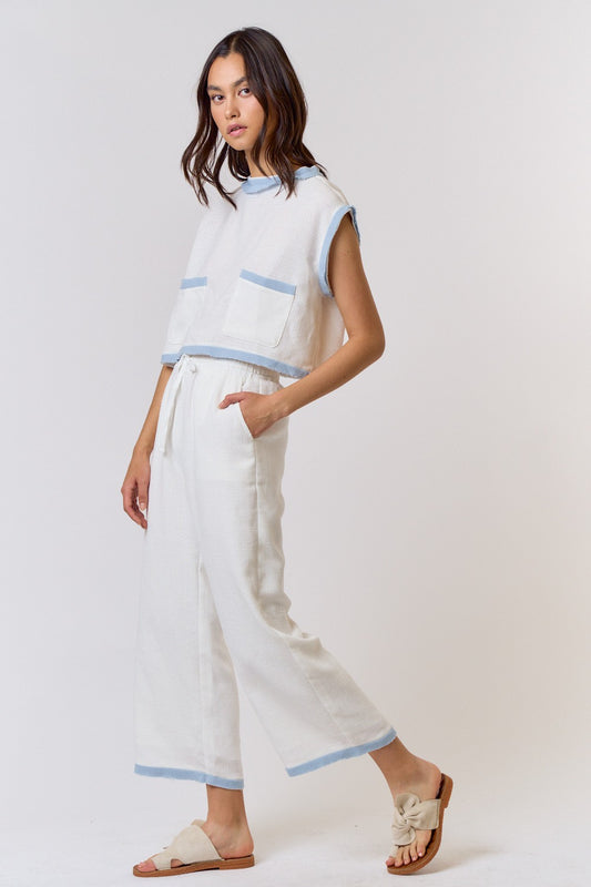 Ivory/Sky Blue High Neckline Pocket Top