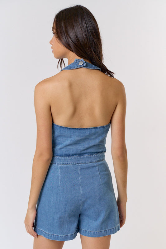 Denim Halter Neck Vest Romper