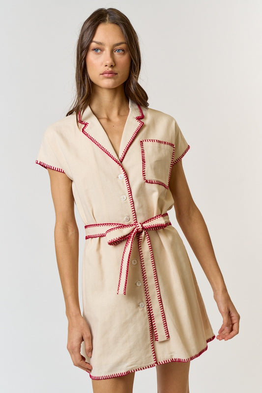 Natural/Red Contrast Stitching Button Dress