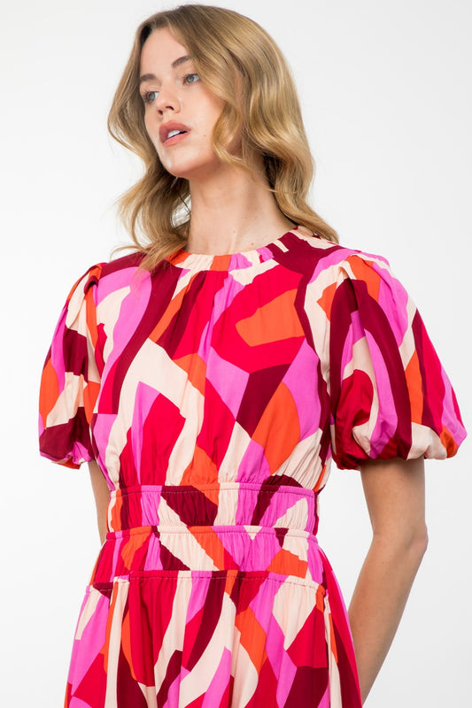 Puff Sleeve Pinks And Reds Maxi Dress
