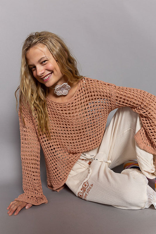 Crochet Mesh Sweater Top (Shell Coral)
