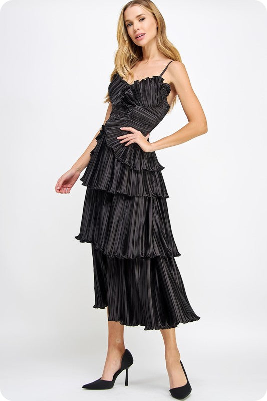 Pleated Satin Layered Midi Dress - Black