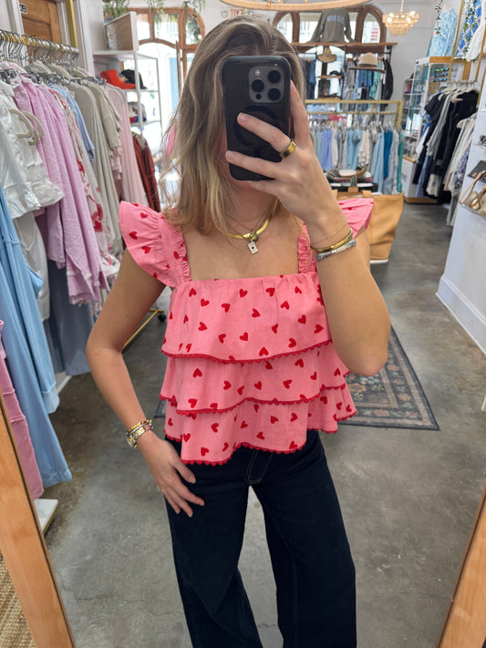 All Over Heart Print Square Neck Tiered Top - Pink