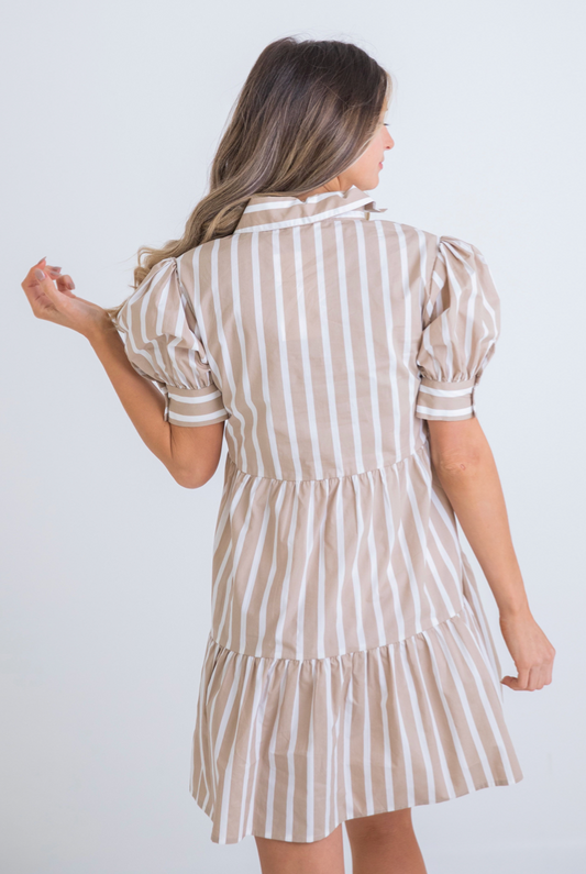Stripe Poplin Collar Puff Sleeve Tier Dress