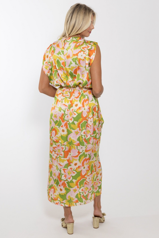 Abstract Floral Satin Drape Maxi Dress