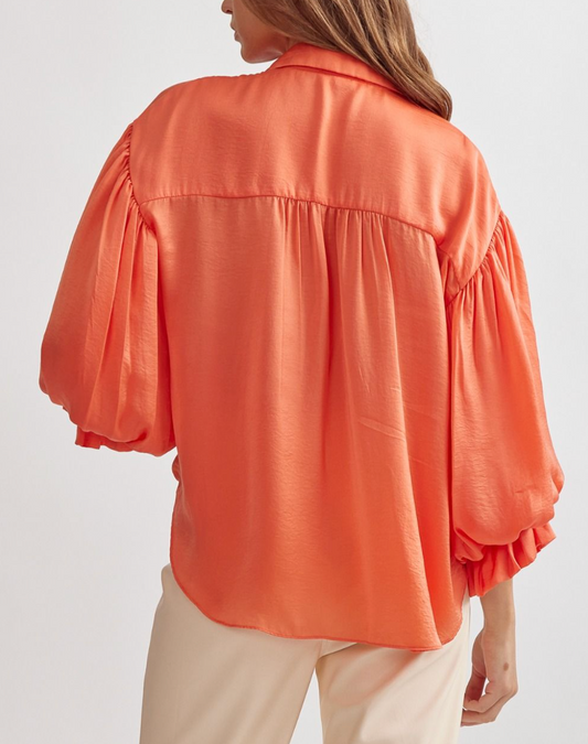 Tangerine Bubble Sleeve Button Top