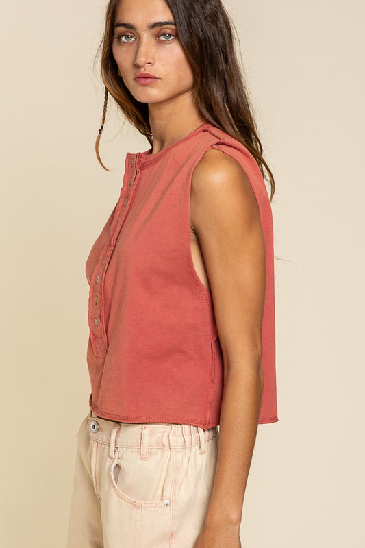 Rose Wood Sleeveless Button Top