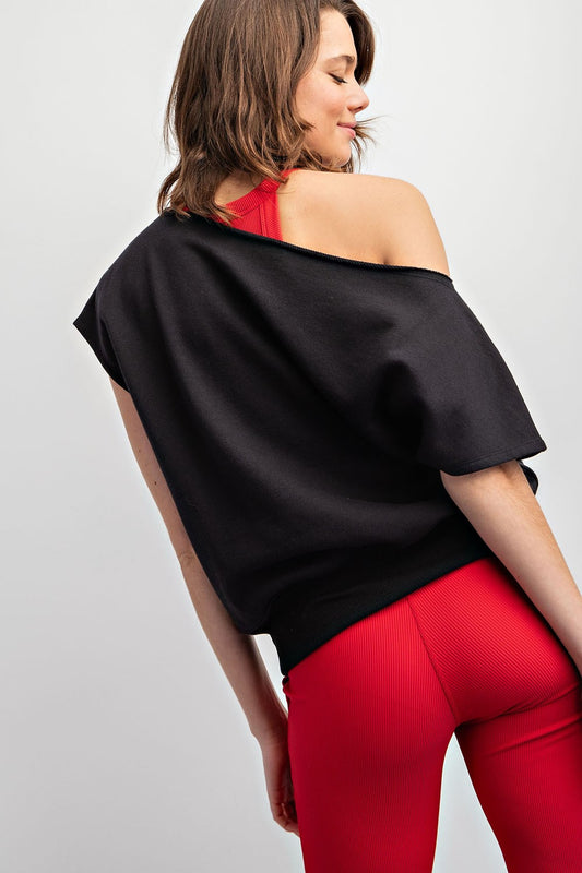 French Terry Off Shoulder Top - Navy