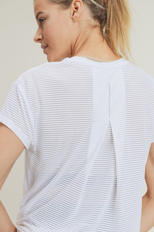 Sheer Striped Mesh Top - White