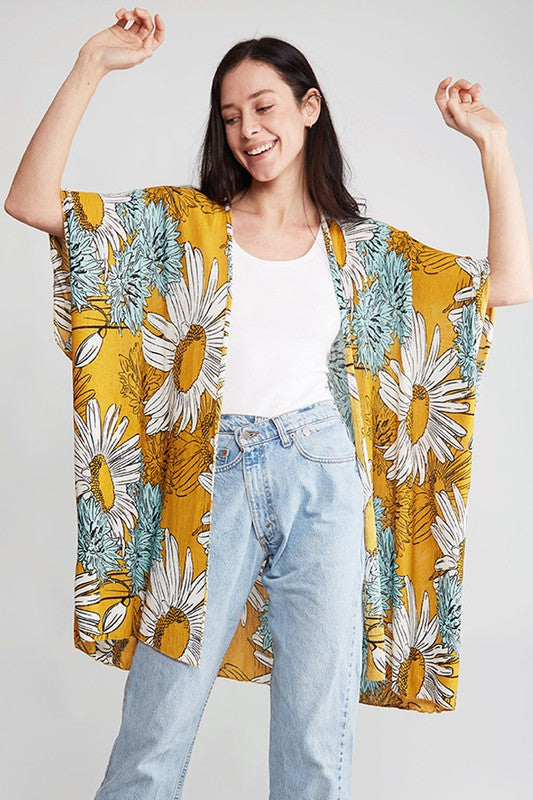 Sunflower Print Kimono - Mustard