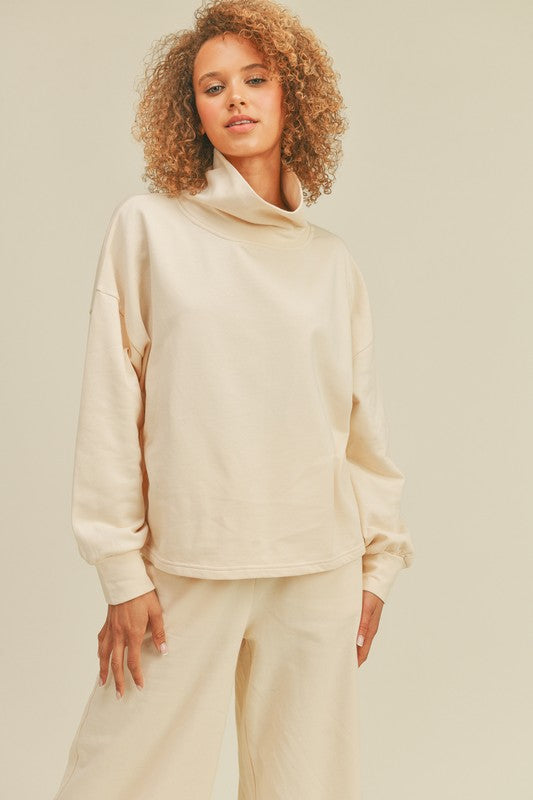 Cowl Neck Cropped Sweatshirt - Cream