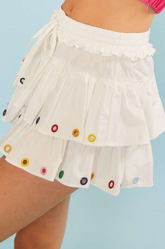 White Ruffle Layered Eyelet Short