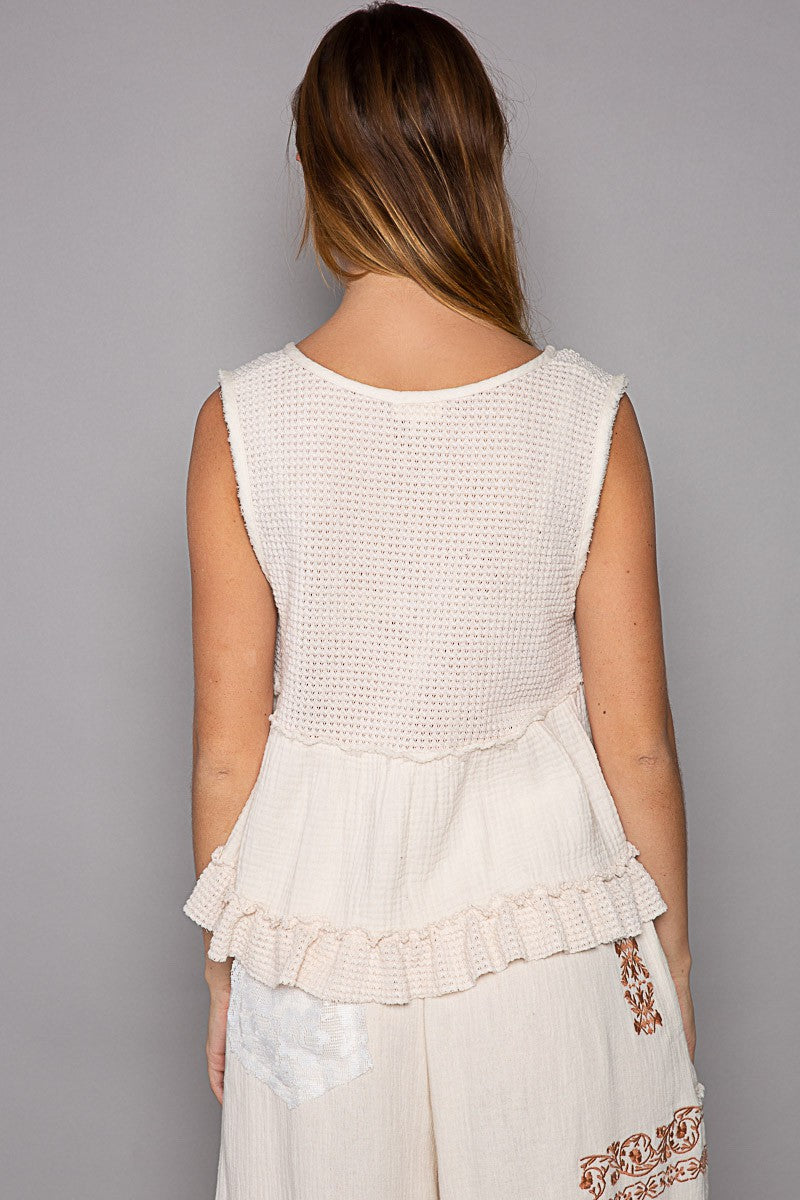 Natural Ruffle Gauze Sleeveless Top