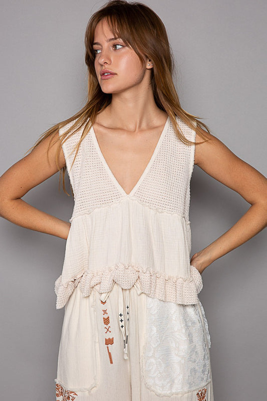 Natural Ruffle Gauze Sleeveless Top