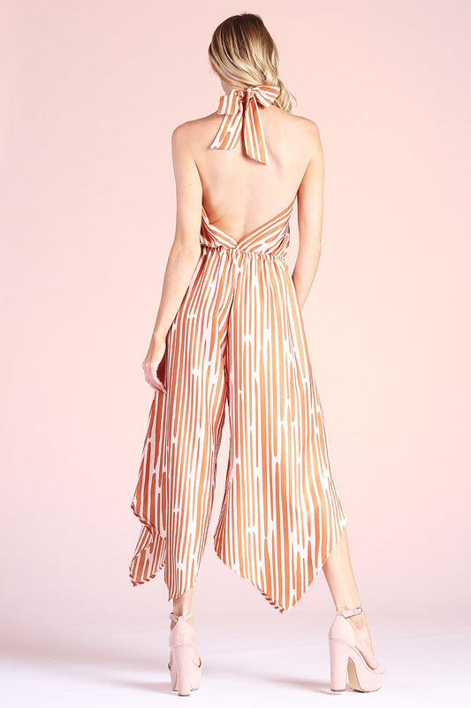 Camel Adeline Stripe Wrap Halter Jumpsuit