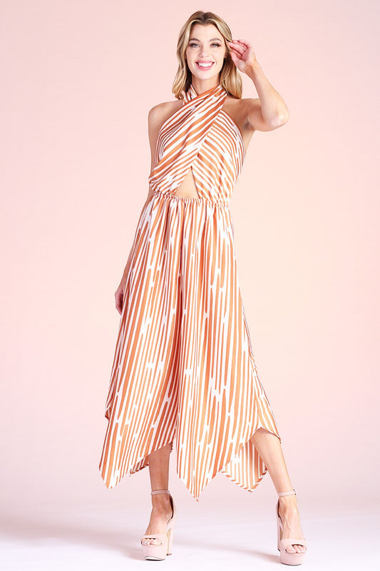 Camel Adeline Stripe Wrap Halter Jumpsuit