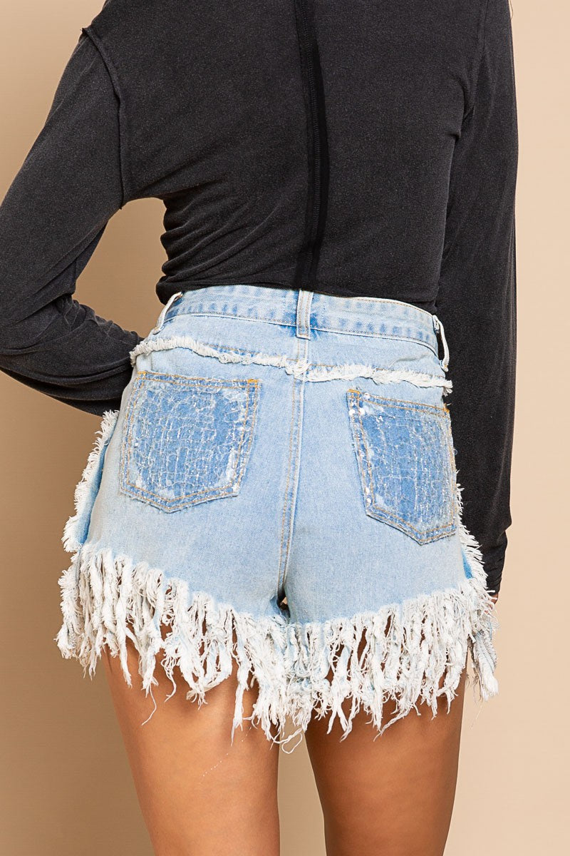 Denim Frayed Edge Sequin Pocket Short