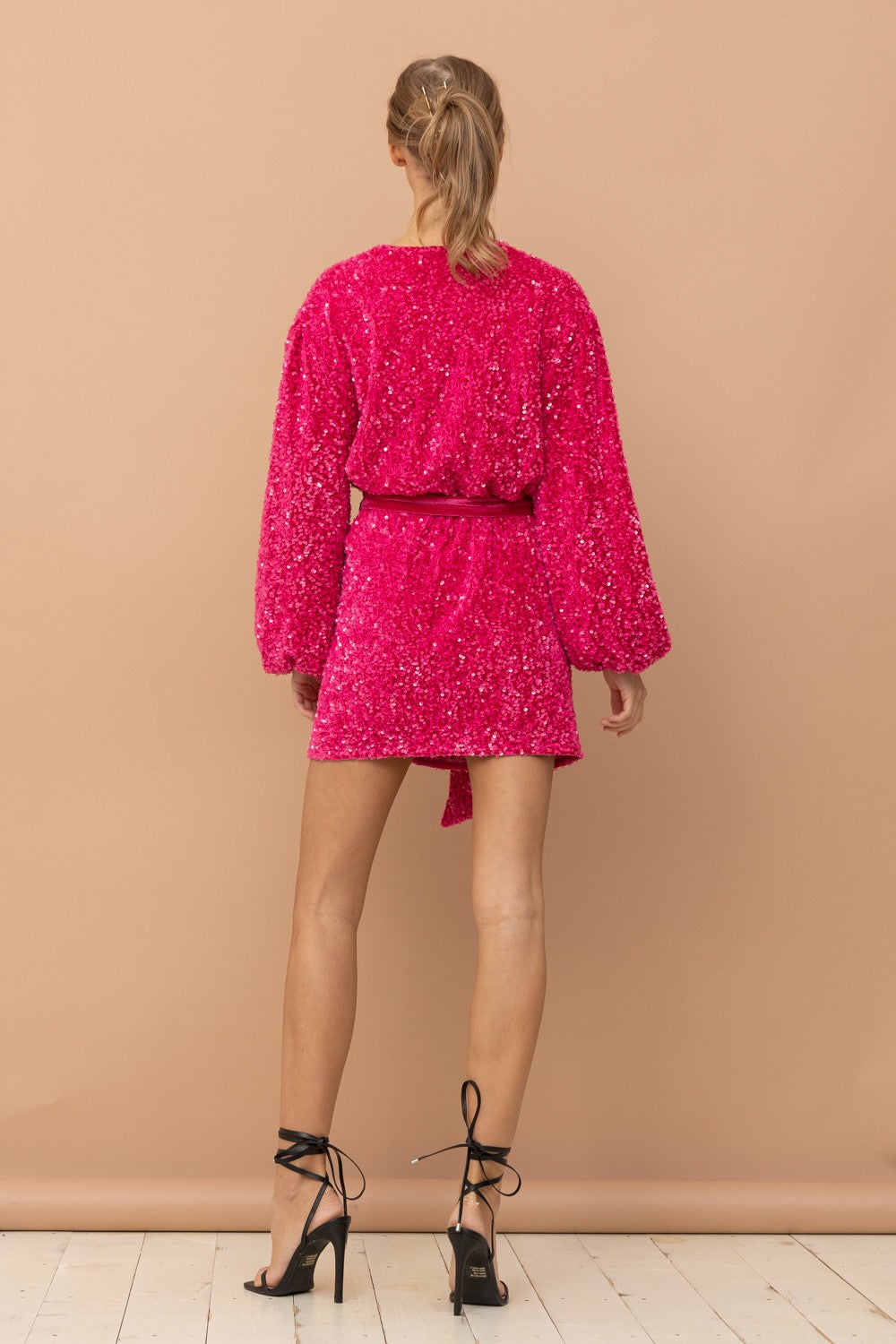 Glam Sequin Velvet Puff Sleeve Wrap Tie Dress - Hot Pink