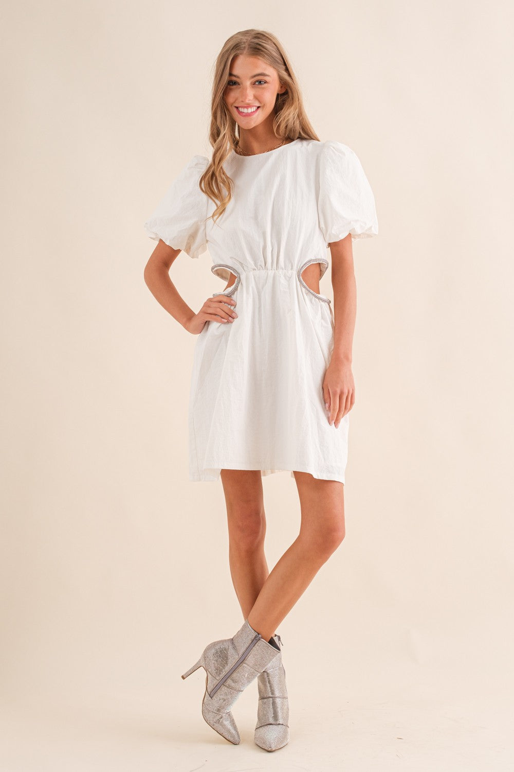 Peekaboo Waist Puff Sleeve Dress With Rhinestone Rope Accent