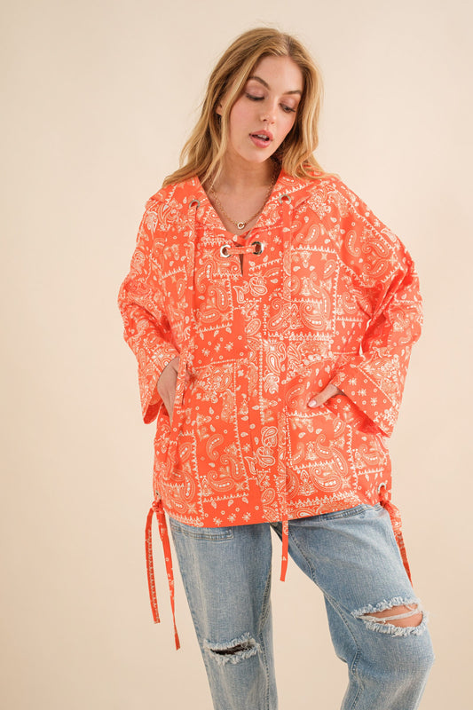 Orange Bandana Lace Up Windbreaker