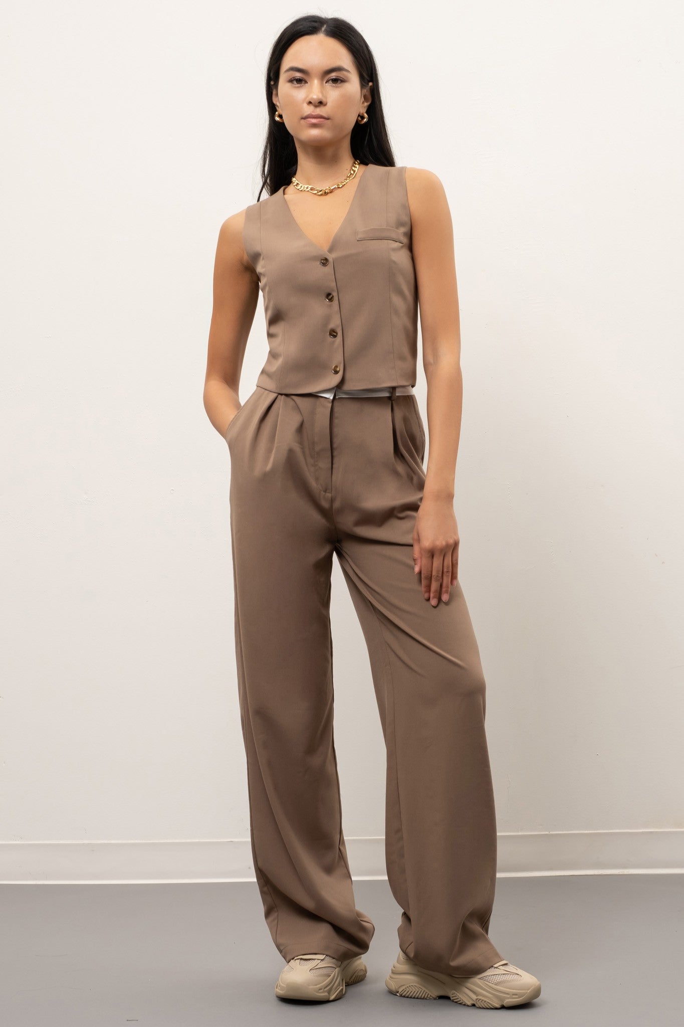 Contrast Wide Leg Pleated Pant - Natural