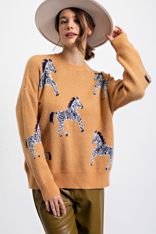 Safari Knitted Sweater With Zebra Print - Camel