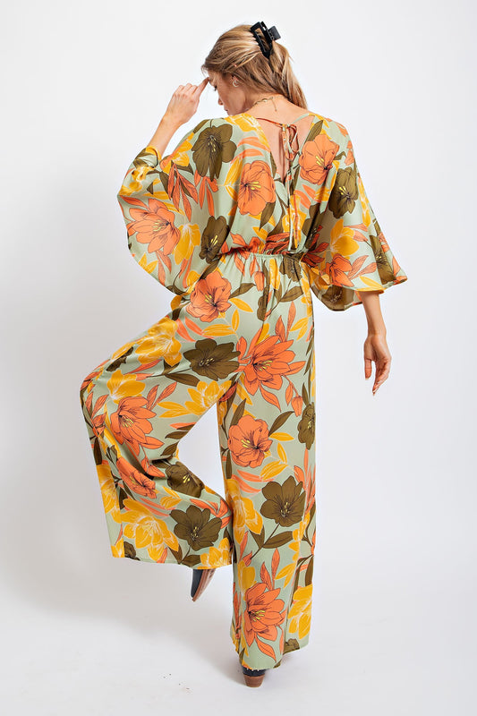 Half Sleeve Vneck Printed Jumpsuit - Sage