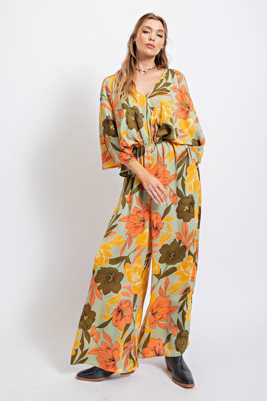 Half Sleeve Vneck Printed Jumpsuit - Sage