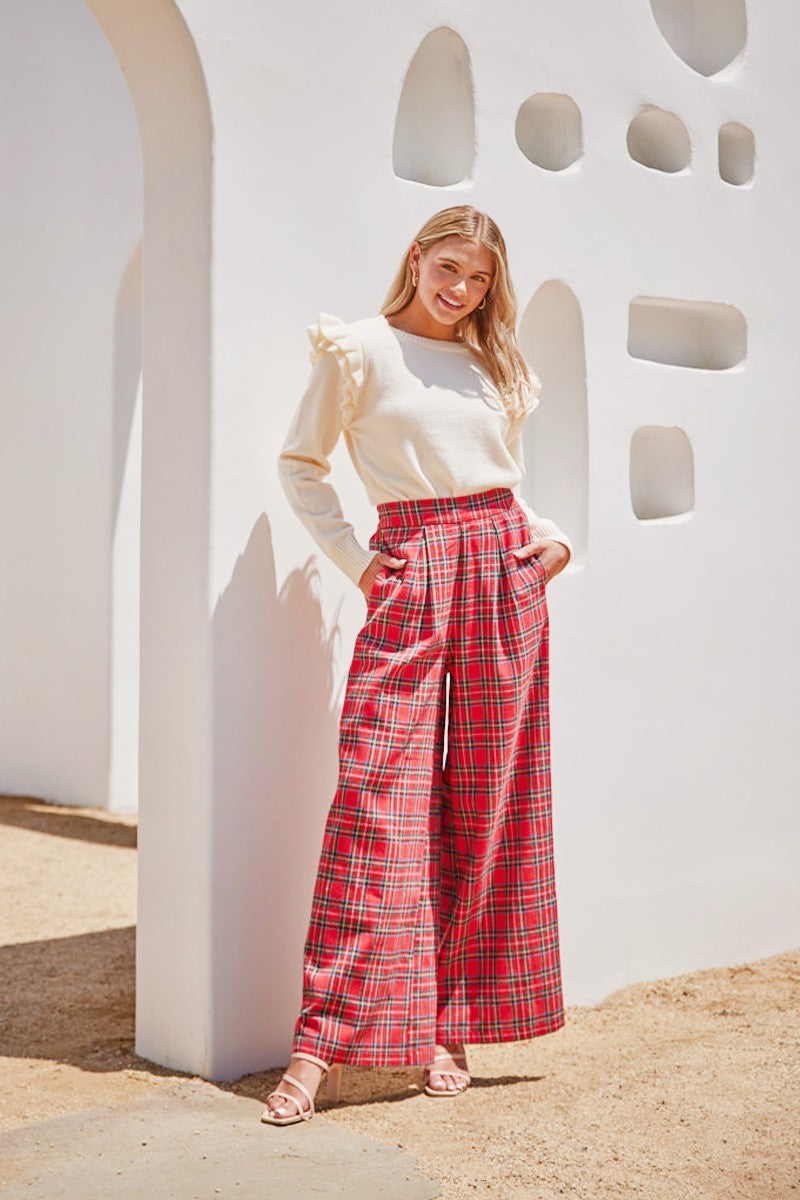 Red Plaid Wide Leg Pants