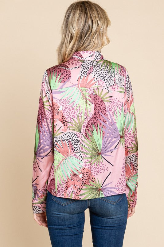 Leopards And Leaves Long Sleeve Blouse - Mauve