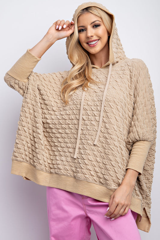 Oversize Puff Texture 3/4 Sleeve Hoodie - Khaki