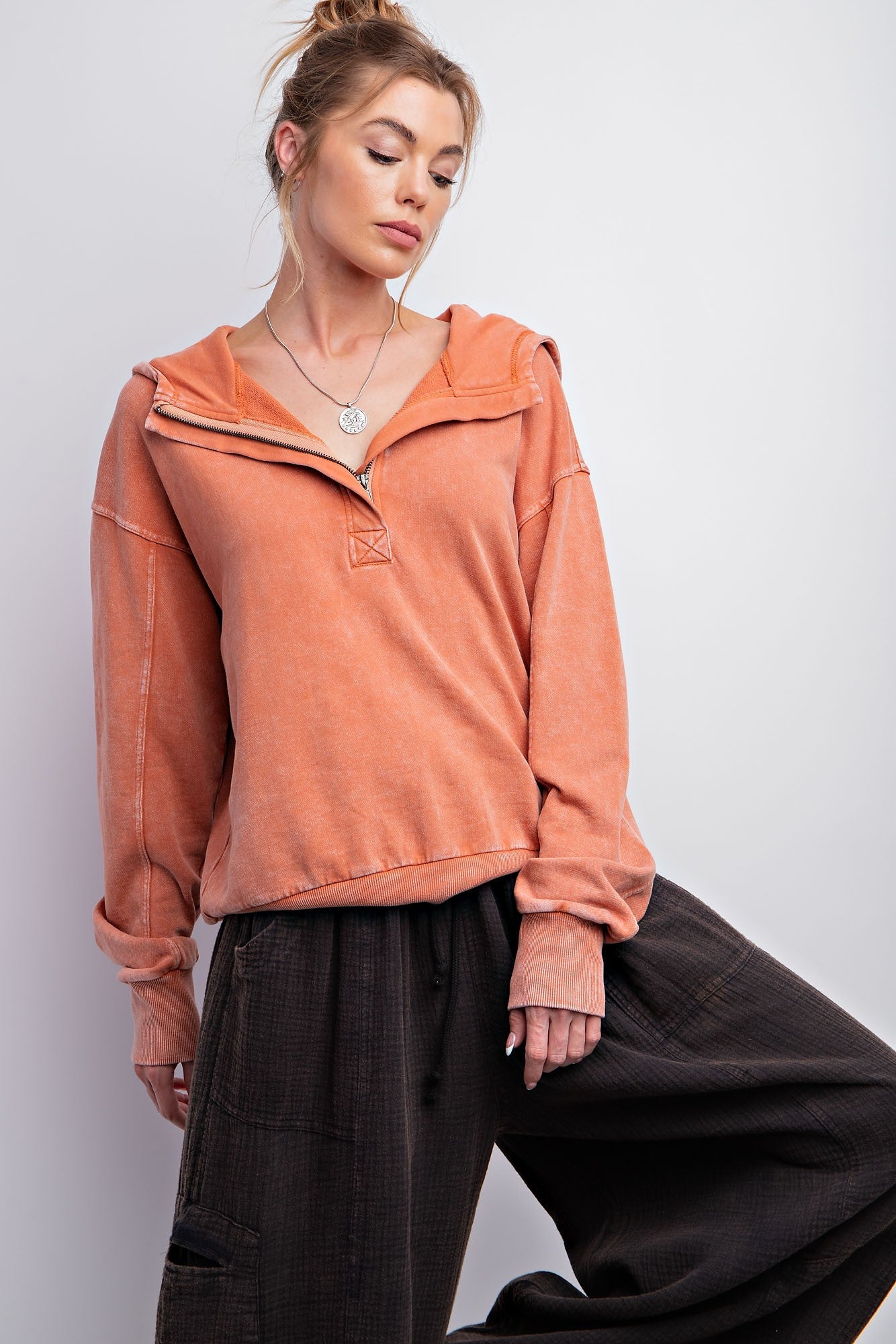 Mineral Wash Half Zip Pullover - Rust