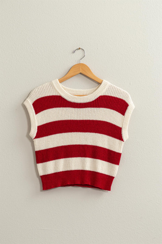 Red/Cream Stripe Sleeveless Sweater Top