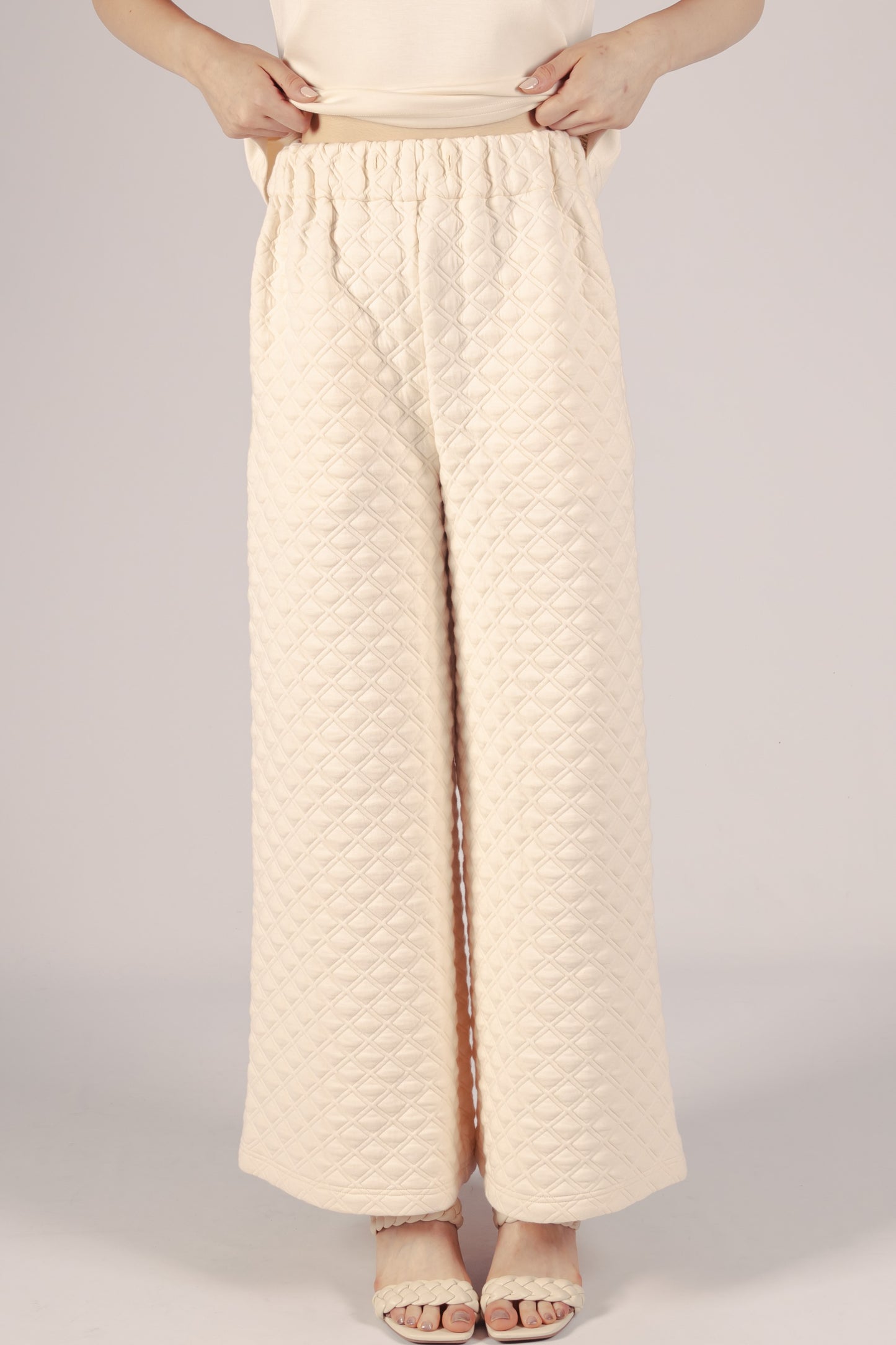 Cream Quilted Wide Leg Pant