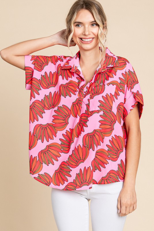 Pink/Red Print Front Pocket Top