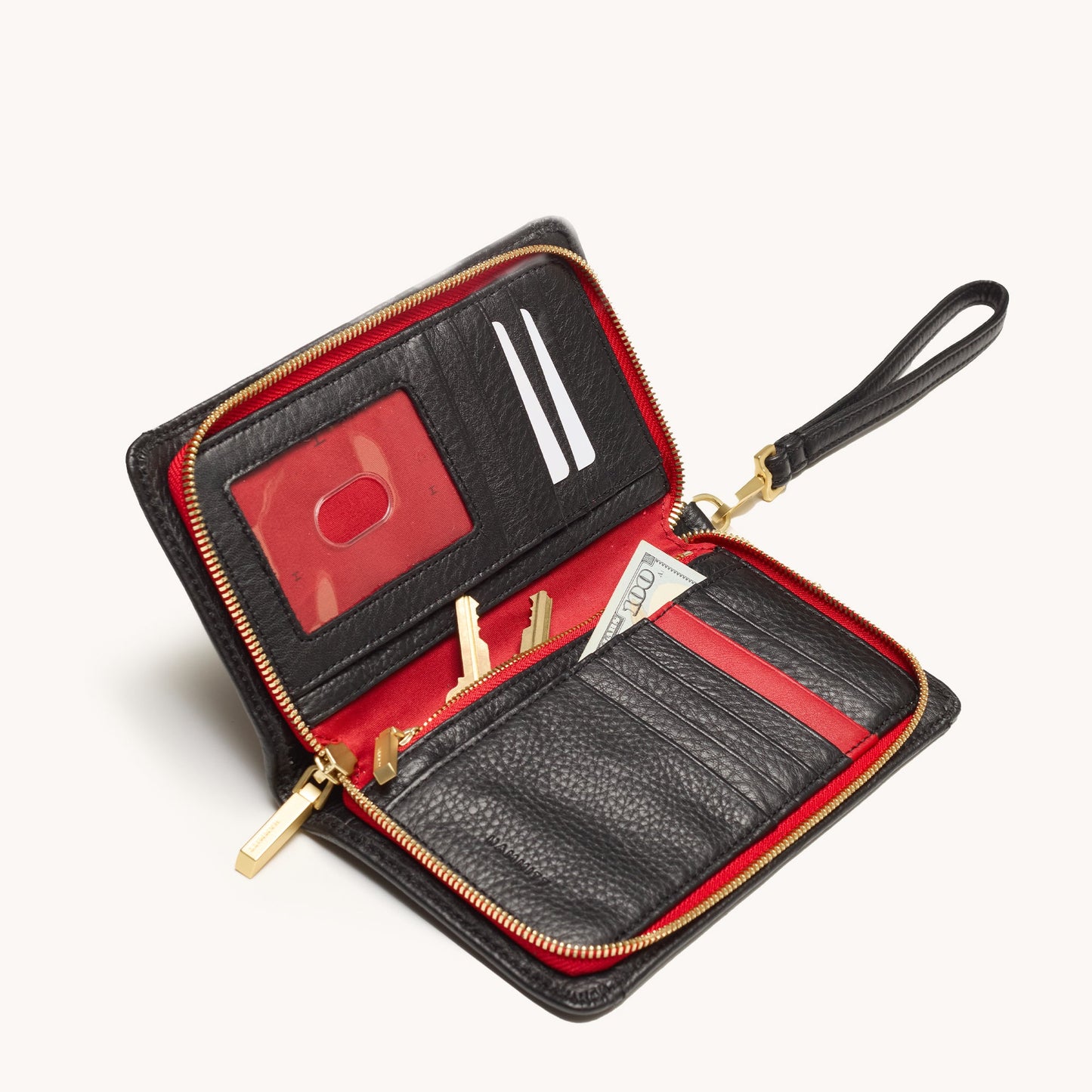 Hammitt Bryant Wallet Black/Brushed Gold Red Zip