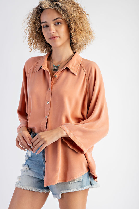 Mineral Wash Dolman Sleeve Button Top (Chai Tea)