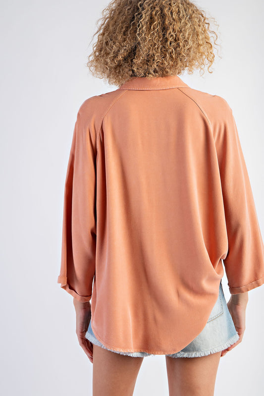 Mineral Wash Dolman Sleeve Button Top (Chai Tea)