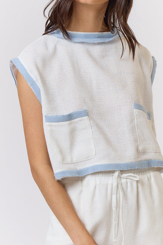 Ivory/Sky Blue High Neckline Pocket Top