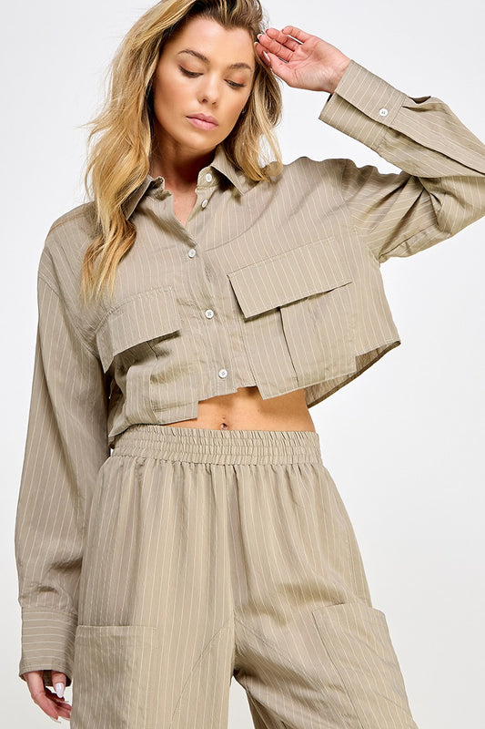 Khaki Stripe LS Tencel Crop Top