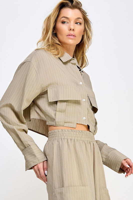 Khaki Stripe LS Tencel Crop Top