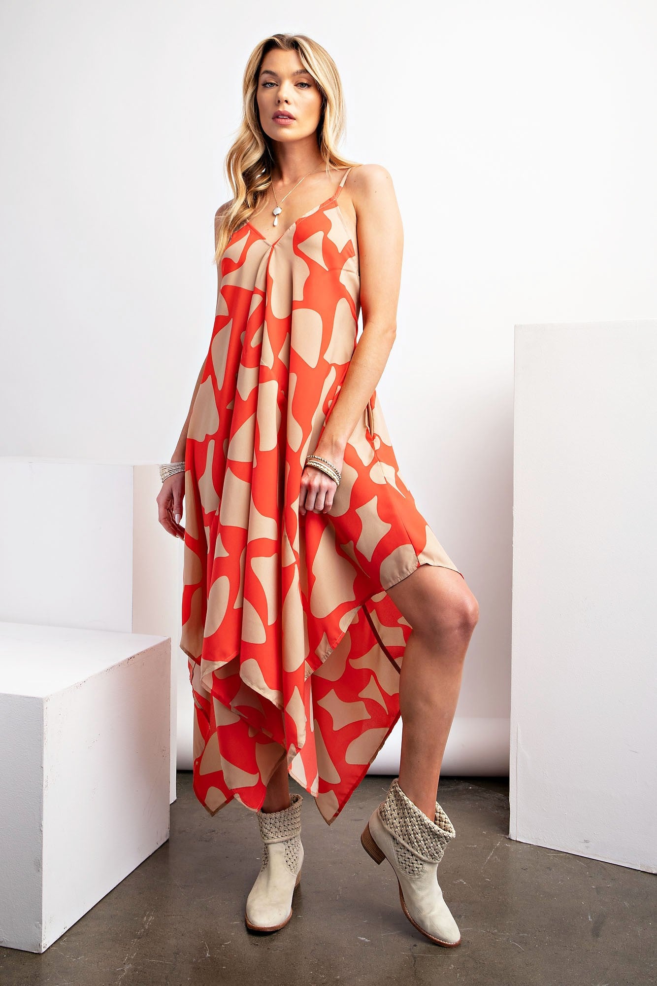 Coral Taupe Geo Print Tassel Tie Dress