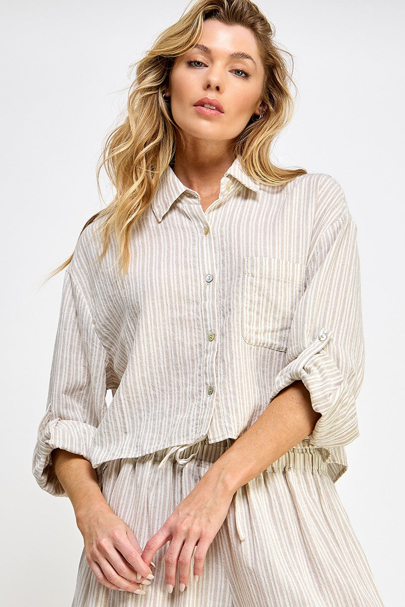 Taupe Stripe Crop LS Top