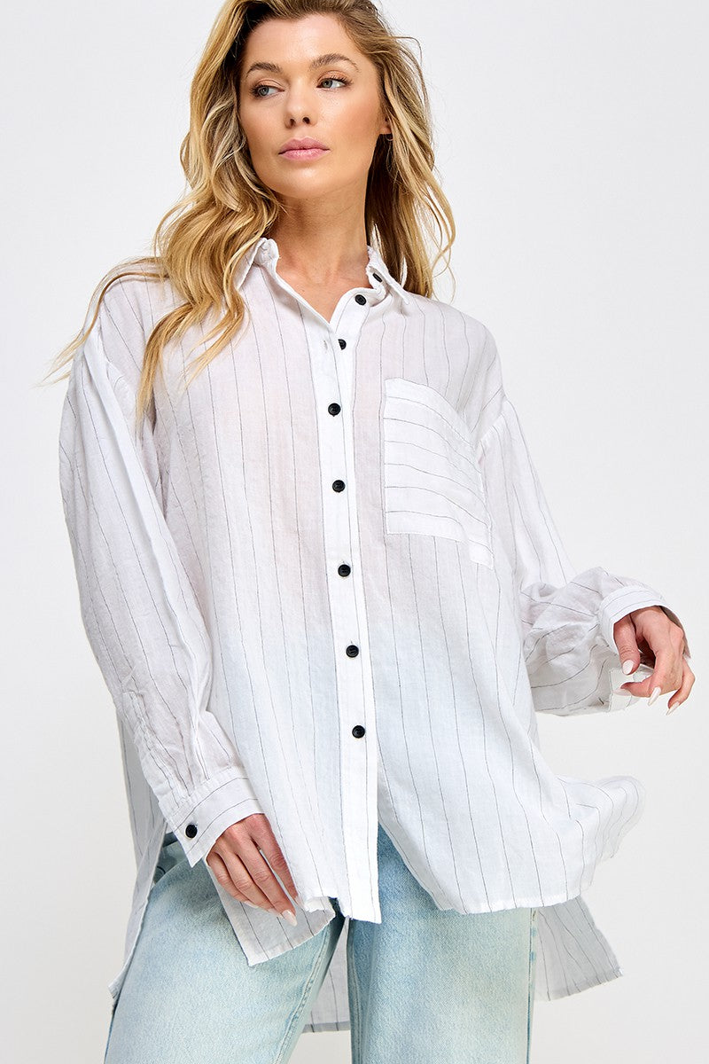 White/Black Stripe Relaxed Button Top