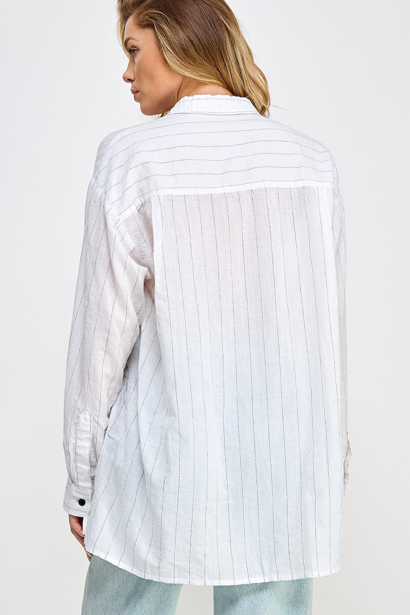 White/Black Stripe Relaxed Button Top