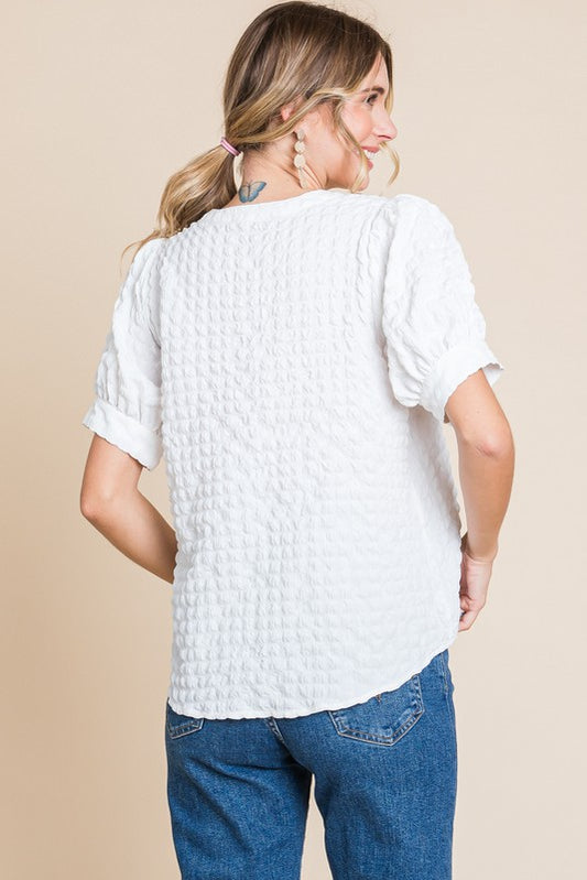 White SS V-Neck Textured Top