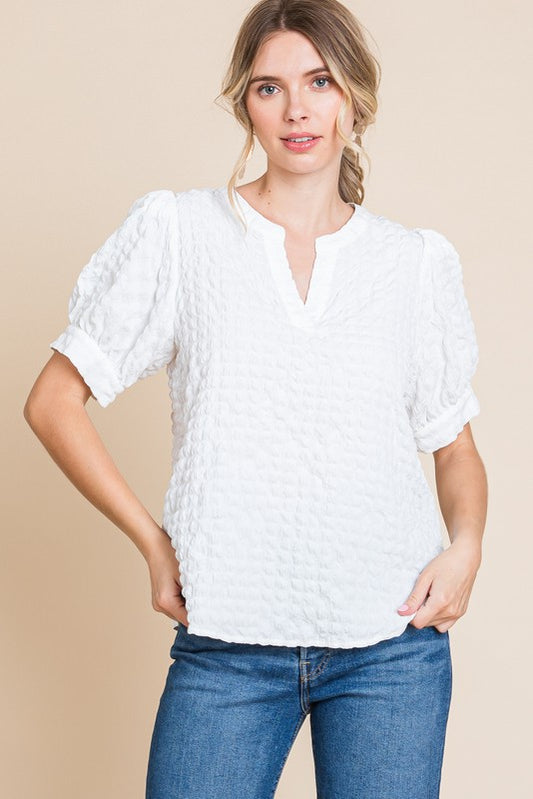 White SS V-Neck Textured Top