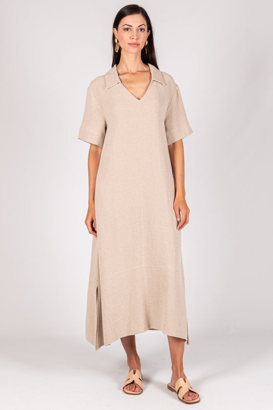 Linen Collard Midi Dress - Sand